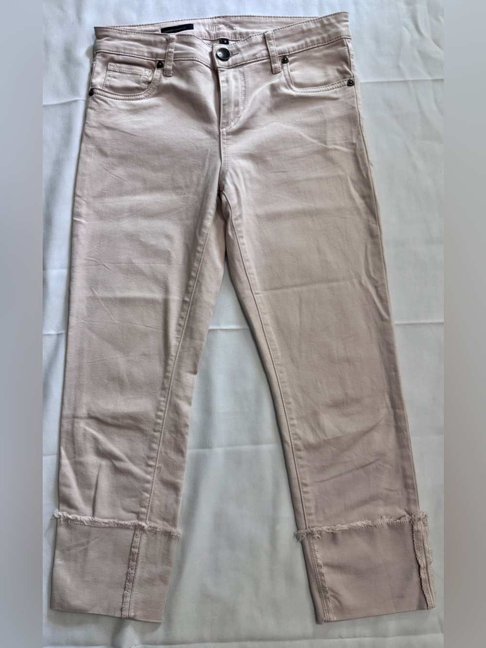 Kut Cameron Straight Leg Light Rose Ankle Crop Raw Hem Cuffed Jeans Size 2 EUC